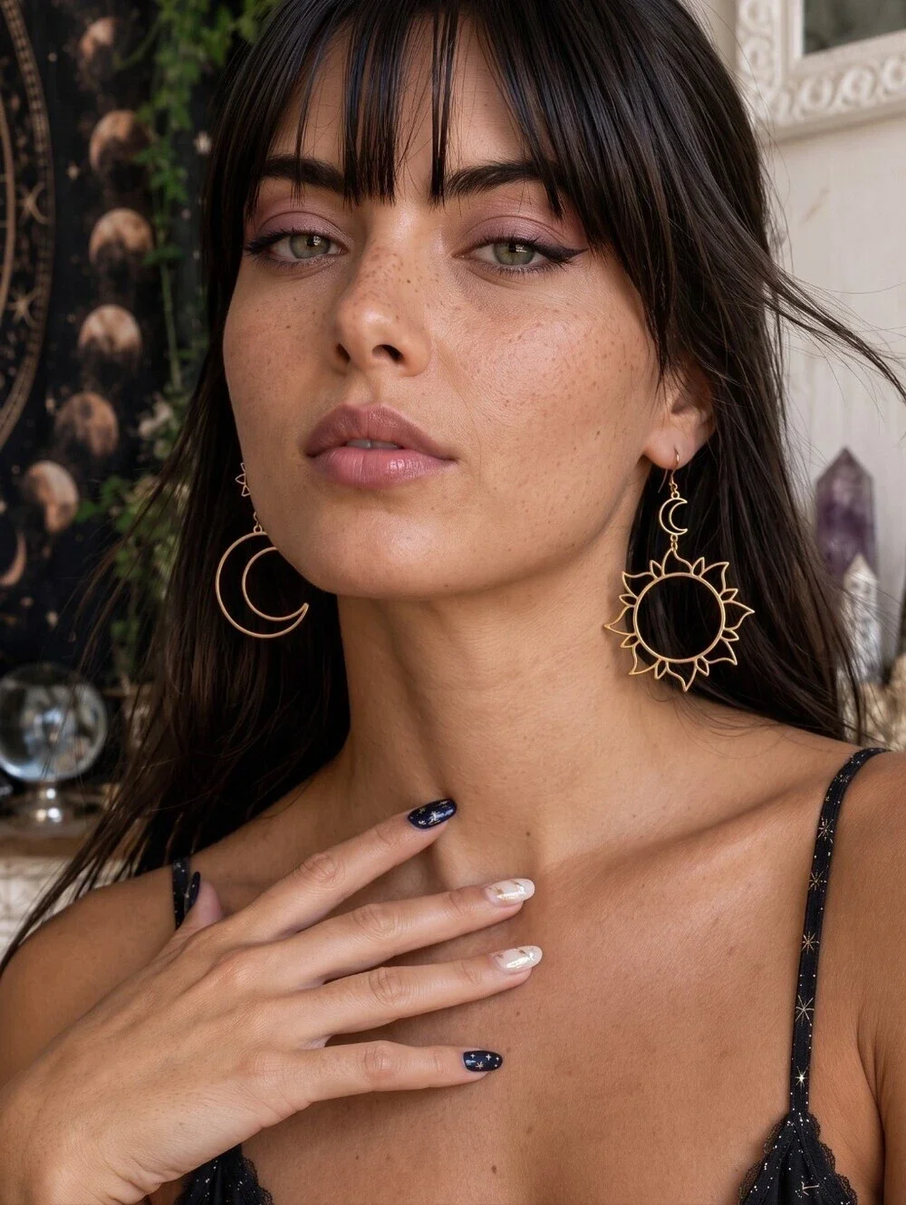 Sun Moon Mismatched Dangle Earrings Gold Celestial Cutout Boho Whimsigoth 3